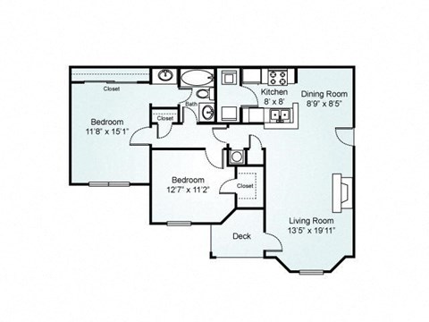 2-bedroom/1-bathroom floor plan layout with 1,049 square feet at Chace Lake Villas apartments for rent in Birmingham, AL